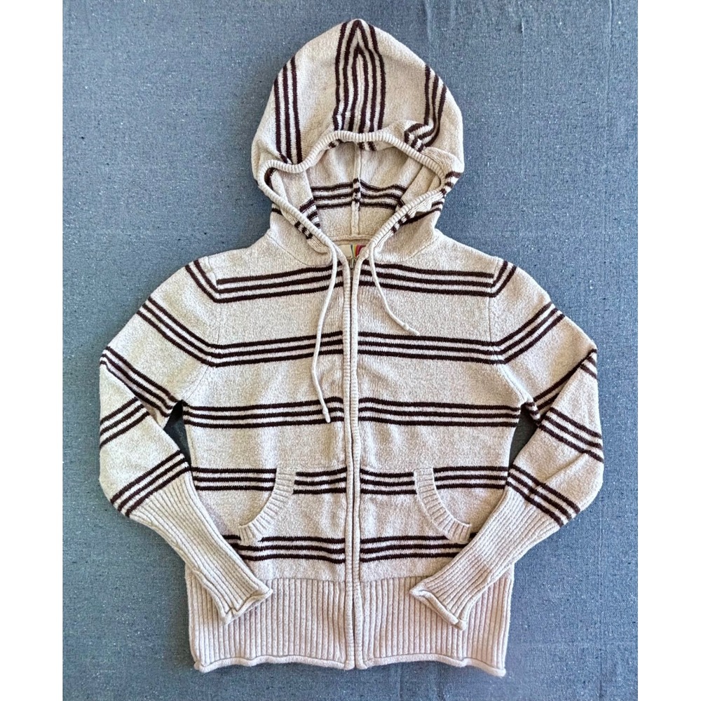 OP Ocean Pacific Full Zip Striped Hoodie Sweater Oatmeal Brown Large 0341022FS